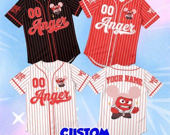 Custom Anger Baseball Jersey, Personalized Mickey Ear Pinstripe Shirt, Inside Out Disney Cosplay Outfit, Cute Cartoon Character Gift