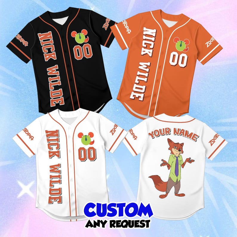 May include: Three baseball jerseys in black, orange, and white, each featuring the text NICK WILDE, the number 00, and a Zootopia logo. A fourth white jersey displays a cartoon fox character and the text YOUR NAME on the back. CUSTOM ANY REQUEST.