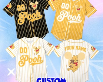 Custom Pooh Baseball Jersey, Personalized Mickey Ear Pinstripe Shirt, Winnie The Pooh Disney Cosplay Outfit, Cute Bear Character Gift