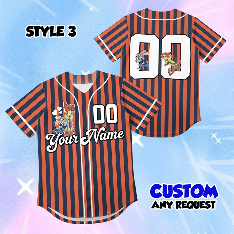 May include: Orange and navy blue striped baseball jersey with white accents. The jersey features the number "00" on the front and back, along with cartoon characters and the text "Your Name". The text "STYLE 3" and "CUSTOM ANY REQUEST" are also visible.