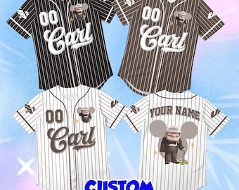 Custom Carl Baseball Jersey, Personalized Mickey Ear Pinstripe Shirt, Disney Pixar Up Cosplay Outfit, Cute Old Man Character Gift