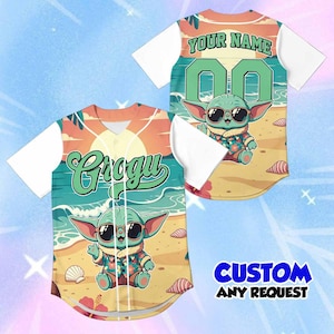 May include: Custom baseball jersey featuring a cartoon character Grogu on a beach scene. The jersey has white sleeves and a button-up front. The front of the jersey says "Grogu" in a stylized font. The back has the text "YOUR NAME" and the number "00".