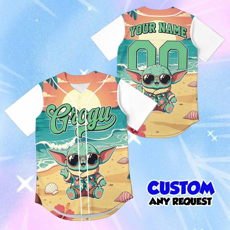 May include: Custom baseball jersey featuring a cartoon character Grogu on a beach scene. The jersey has white sleeves and a button-up front. The front of the jersey says "Grogu" in a stylized font. The back has the text "YOUR NAME" and the number "00".