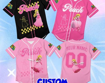 Custom Princess Peach Jersey Kids, Personalized Name Cartoon Baseball Shirt Toddler, Disney World Outfit Youth, Pink Birthday Gift Cute Top