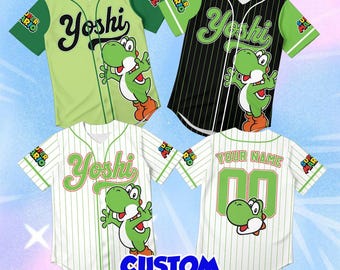 Yoshi Baseball Jersey, Custom Name Green Dinosaur Shirt, Cute Anime Softball Tee, Aesthetic Gamer Clothing, Personalized Cosplay Costume