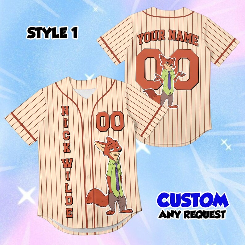 May include: Baseball jersey with a cream and brown pinstripe design. The jersey features the name "NICK WILDE" vertically down the front, the number "00", and a cartoon fox character. The back of the jersey has the text "YOUR NAME" and the number "00".