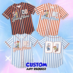 May include: Four baseball jerseys with vertical stripes in orange and navy, red and white, and light blue and white. Each jersey has a cartoon graphic, the number "00", and the text "Your Name". The bottom of the image reads "CUSTOM ANY REQUEST".