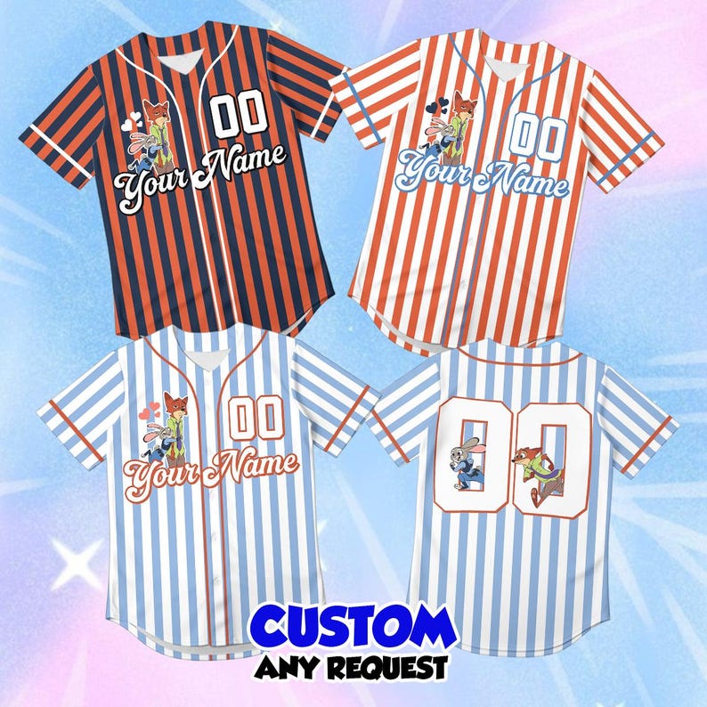 May include: Four baseball jerseys with vertical stripes in orange and navy, red and white, and light blue and white. Each jersey has a cartoon graphic, the number "00", and the text "Your Name". The bottom of the image reads "CUSTOM ANY REQUEST".