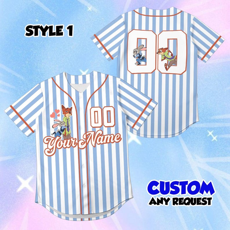 May include: Baseball jersey with light blue and white vertical stripes, featuring cartoon characters and the text "Your Name". The jersey has red trim and the number "00" on the front and back. The text "STYLE 1" and "CUSTOM ANY REQUEST" are also visible.