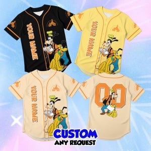 May include: Three short-sleeved button-down baseball jerseys featuring Goofy and Pluto graphics. The jerseys come in black and yellow, with the text 'YOUR NAME' printed vertically on the front and a large '00' on the back of one jersey.