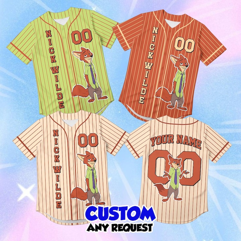 May include: Four baseball jerseys with a Nick Wilde cartoon graphic. The jerseys are in green, orange, and cream colors, with vertical stripes and the name "Nick Wilde" printed vertically. The number "00" is on the front. The bottom jersey has the text "CUSTOM ANY REQUEST".