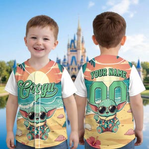 May include: A white and colorful baseball jersey featuring a cartoon character with sunglasses on a beach scene. The jersey has the name "Grogu" on the front and "Your Name" with the number "00" on the back. The jersey is designed for children.