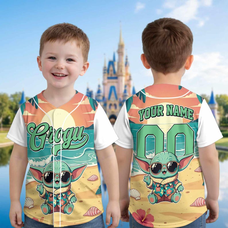 May include: A white and colorful baseball jersey featuring a cartoon character with sunglasses on a beach scene. The jersey has the name "Grogu" on the front and "Your Name" with the number "00" on the back. The jersey is designed for children.