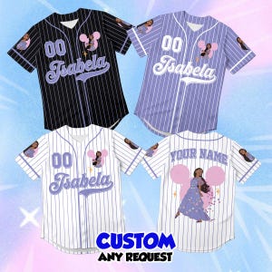 May include: Four baseball jerseys with custom designs. The jerseys are black, purple, and white with pinstripes. Each jersey features the name "Isabela" or "Your Name", the number "00", and a cartoon character design. The bottom of the image reads "CUSTOM ANY REQUEST".