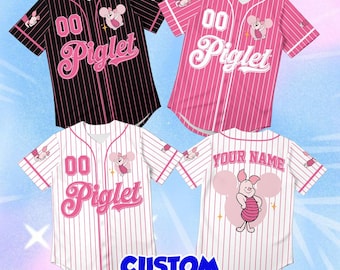 Custom Piglet Baseball Jersey, Personalized Mickey Ear Pinstripe Shirt, Winnie The Pooh Disney Cosplay Outfit, Cute Pink Character Gift