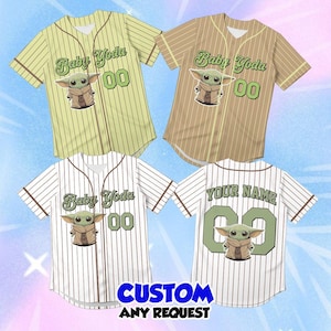 May include: Four baseball jerseys with a Baby Yoda theme. The jerseys are in shades of green, brown, and white with vertical stripes. Each jersey features the text "Baby Yoda" and the number "00". One jersey has "YOUR NAME" on the back. The text "CUSTOM ANY REQUEST" is also visible.