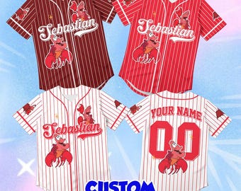 Sebastian Baseball Jersey, Custom Disney Character Apparel, Personalized Red Crab Name Shirt, Striped Ocean Outfit Gift for Men