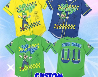 Custom Luigi Retro Brother Kids Baseball Jersey, Toddler Birthday Shirt, Personalized Name Cute Apparel, Gaming Theme Park Outfit Gift