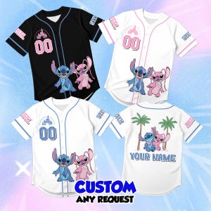 May include: Four baseball jerseys featuring Stitch and Angel characters. Three jerseys show the characters on the front with the number 00 and a castle icon. One jersey shows the characters on the back with palm trees and the text YOUR NAME.