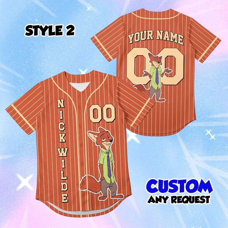 May include: Orange baseball jersey with white pinstripes, featuring a cartoon fox character and the name "NICK WILDE" vertically on the front. The back has "YOUR NAME" and the number "00". The jersey also has the text "CUSTOM ANY REQUEST".