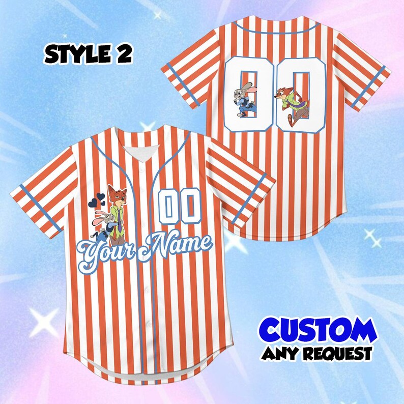 May include: Two baseball jerseys with red and white vertical stripes. The jerseys feature cartoon characters, the number "00", and the text "Your Name". The text "STYLE 2" and "CUSTOM ANY REQUEST" are also visible.