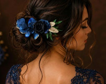 Pinza para el cabello floral azul marino y negro, accesorio nupcial para bodas de invierno, estilo gótico, bosque y renacentista.