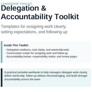 Può includere: Un Leadership Toolkit bianco e verde acqua intitolato "Delegation & Accountability Toolkit". Il toolkit include modelli per l'assegnazione del lavoro, la definizione delle aspettative e il follow-up. Contiene anche un quaderno di lavoro stampabile.