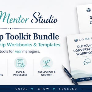 May include: Leadership Toolkit Bundle from The Ops Mentor Studio. Five printable leadership workbooks and templates. Includes a 30-60-90 day plan, 1:1 meeting template, difficult conversation workbook, SOP template, and leadership reflection prompts.