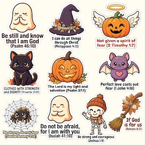 May include: A collection of nine Halloween-themed stickers featuring a ghost, witch hat, winged pumpkin, black cat, jack-o'-lantern, bat, spider on a web, another ghost, and a skeleton with a broom, each paired with a specific Bible verse text.