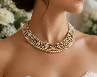 Colar vintage com pérolas artificiais | Babador marcante bordado à mão, glamour de meados do século XX