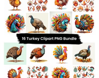 16 Thanksgiving Turkije clipart png bundel, herfst kalkoen clipart png, sublimatie design, digitale download, png-bundel