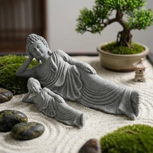 May include: Two gray stone-like statues of a reclining Buddha figure, one larger than the other, both depicted in a resting pose with one arm supporting the head. The figures feature textured surfaces and are positioned on a bed of raked white sand.