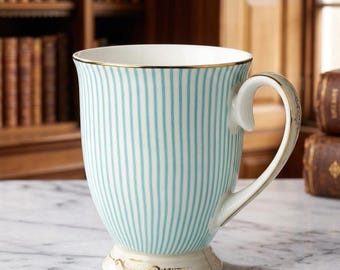 Elegant Bone China Teacup Blue Striped Coffee Mug Gold Trim Footed British Ceramic Gift