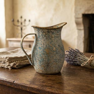 May include: A metal pitcher with a distressed finish in shades of muted blue, gray, and gold. The vessel features a curved handle, a wide pouring spout, and a rounded body. The surface texture appears weathered with mottled color variations throughout.