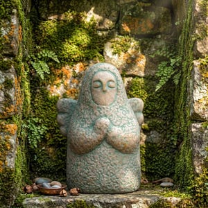May include: A textured, stone-like sculpture of a figure with closed eyes and folded hands, featuring small wings on the sides. The surface has a mottled green and brown finish, and the figure is positioned in a recessed area with mossy stones.