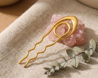 Gold Geometric Hair Pin Modern Stainless Steel Abstract Hair Fork Minimalist Elegant Bridal Accessory
