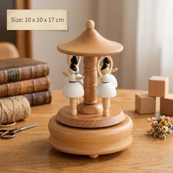 A handcrafted wooden rotating carousel music box that feels like something pulled from a grandparent's attic — whimsical, mechanical, and genuinely beautiful on a desk or nursery shelf.