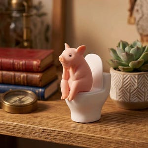 Pink Pig On Toilet Figurine: Whimsical Bathroom Decor, PVC Desk Accessory