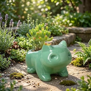 Maceta de cerámica verde con forma de animal para suculentas: maceta pequeña para jardín de interior, decoración de escritorio.
