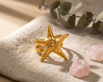 Anillo de estrella de mar dorado para mujer, ajustable, llamativo, joyería playera, regalo de verano