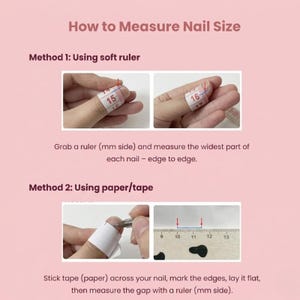 K&ouml;nnte beinhalten: Eine Anleitungsgrafik mit dem Titel How to Measure Nail Size auf rosa Hintergrund. Sie zeigt zwei Methoden unter Verwendung eines weichen Ma&szlig;bandes sowie Papier und Stift zum Markieren der Nagelbreite, gemessen mit einem Lineal in Millimetern.
