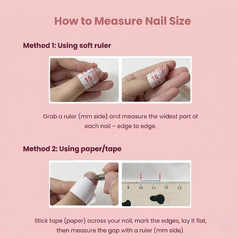 K&ouml;nnte beinhalten: Eine Anleitungsgrafik mit dem Titel How to Measure Nail Size auf rosa Hintergrund. Sie zeigt zwei Methoden unter Verwendung eines weichen Ma&szlig;bandes sowie Papier und Stift zum Markieren der Nagelbreite, gemessen mit einem Lineal in Millimetern.