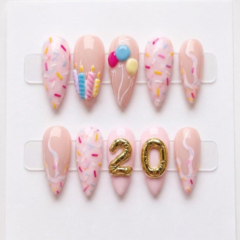 Pink Spring Nails Long Birthday Nail Art Pink - Etsy