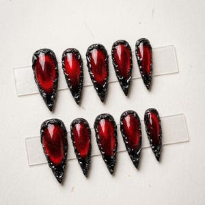 Gothic Press On Nails, Red Black Glitter Nails, Vampire Halloween Nail Set