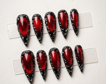 Gothic Press On Nails, Red Black Glitter Nails, Vampire Halloween Nail Set