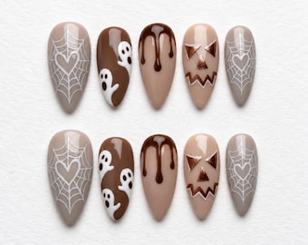 Halloween Press On Nails, Neutral Ghost Spiderweb Pumpkin Nails, Handmade Fall Nail Set