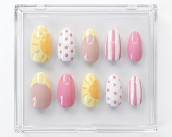 Summer Press On Nails Set, Handmade Gel Nails: Pink Yellow Sunshine Nail Art, Cute Cottagecore Manicure, Vacation Gift, Beach Trip Nails