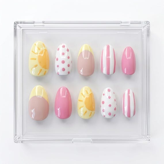 Summer Press On Nails Set, Handmade Gel Nails: Pink Yellow Sunshine Nail Art, Cute Cottagecore Manicure, Vacation Gift, Beach Trip Nails