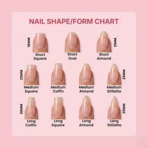 K&ouml;nnte beinhalten: Eine Nagelform-Tabelle auf hellrosa Hintergrund zeigt elf verschiedene Nagelformen, beschriftet mit Namen und L&auml;ngen in Millimetern. Die Formen umfassen kurze, mittlere und lange Varianten der Stile Quadrat, Oval, Mandel, Sarg und Stiletto, wobei jeder einen nat&uuml;rlich get&ouml;nten Fingernagel zeigt.