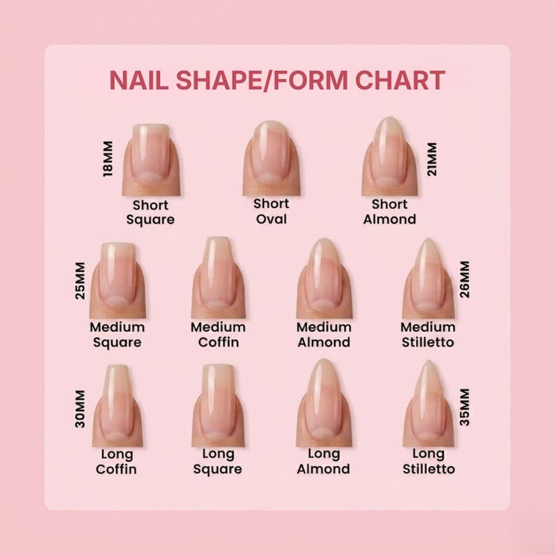K&ouml;nnte beinhalten: Eine Nagelform-Tabelle auf hellrosa Hintergrund zeigt elf verschiedene Nagelformen, beschriftet mit Namen und L&auml;ngen in Millimetern. Die Formen umfassen kurze, mittlere und lange Varianten der Stile Quadrat, Oval, Mandel, Sarg und Stiletto, wobei jeder einen nat&uuml;rlich get&ouml;nten Fingernagel zeigt.